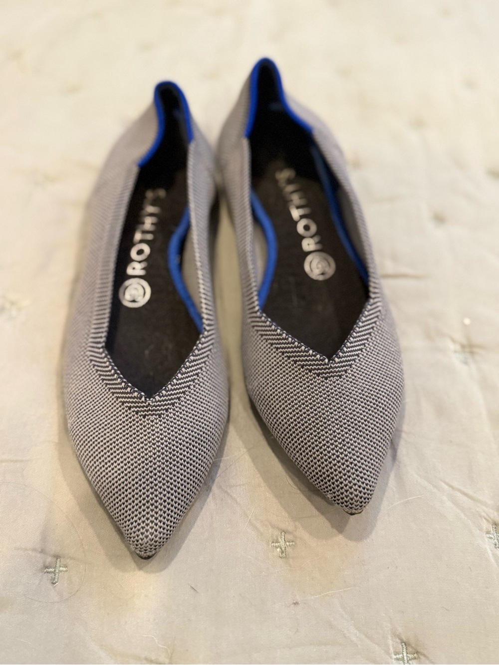 Rothy's Women's Pointed Knit Flats in Gray with Blue Trim